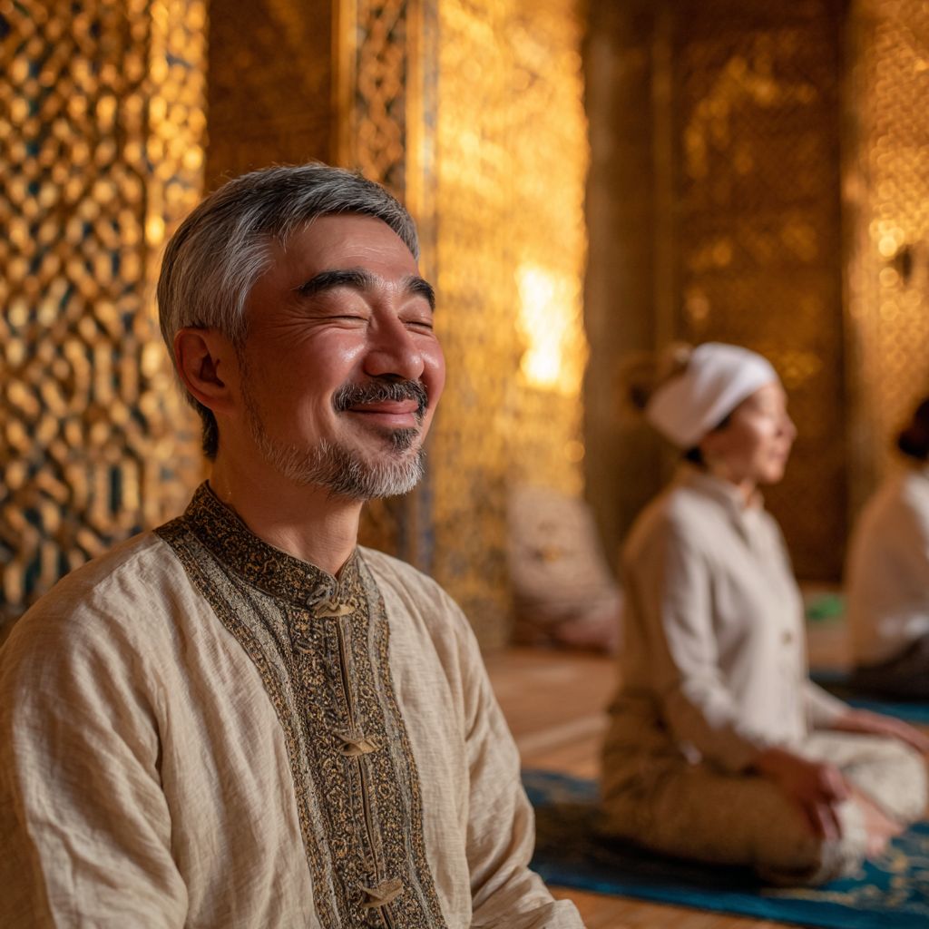 Smiling middle-aged Uzbek woman in comfortable yoga attire sitting in lotus position outdoors with peaceful expression