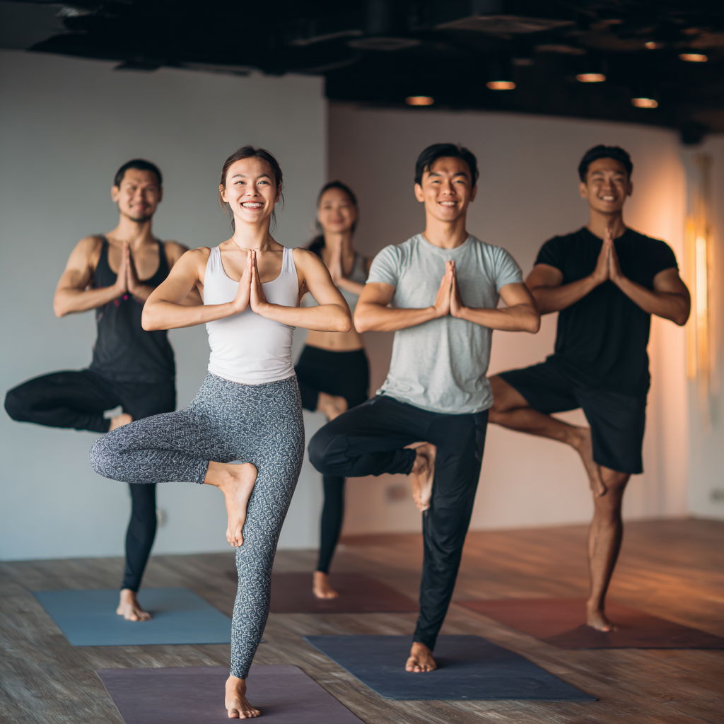 Happy Uzbek elderly man in his 60s doing gentle yoga stretches in a bright room with natural lighting
