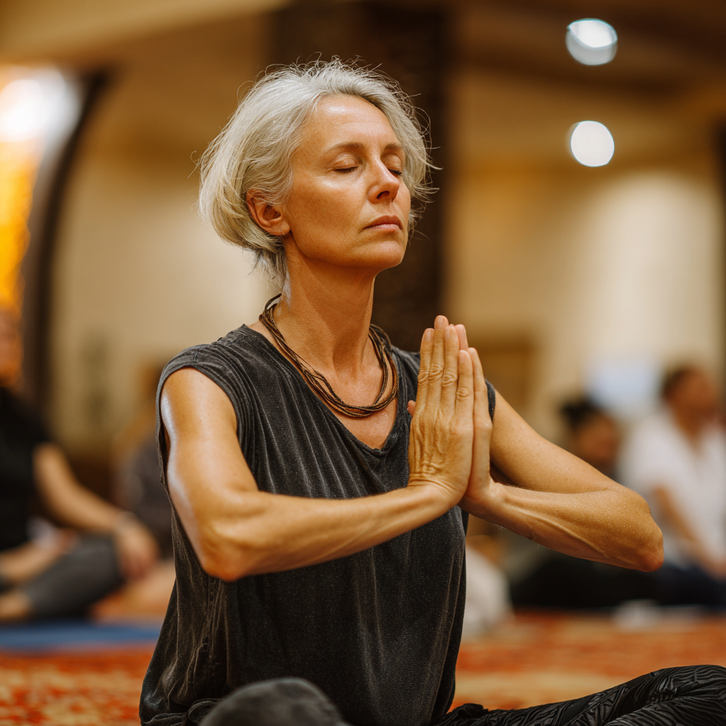 Group of diverse Uzbek adults of different ages smiling after completing a yoga session in a bright studio